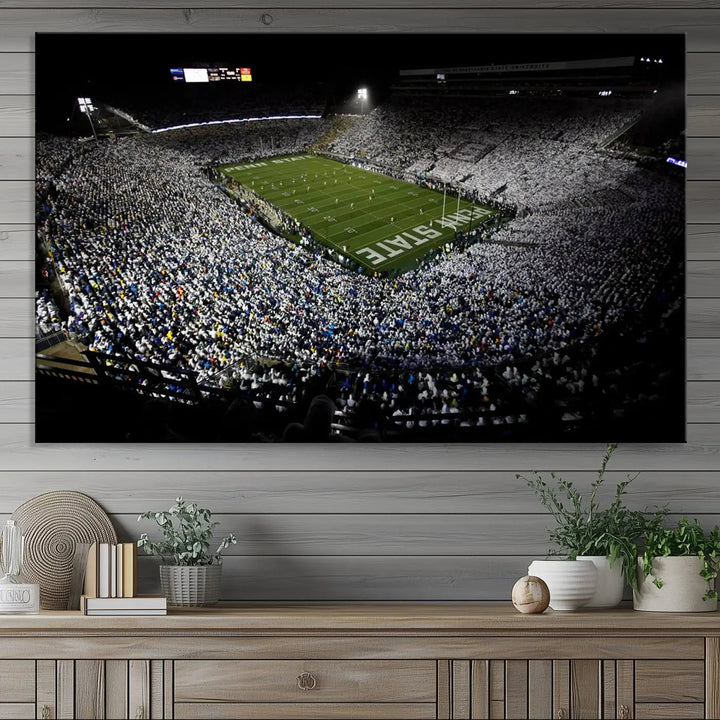 A print of the Penn State Nittany Lions football team, showcasing University Park's Beaver Stadium at night with a gallery-quality finish.