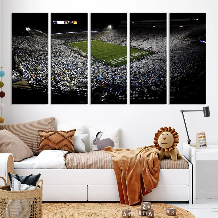 A print of the Penn State Nittany Lions football team, showcasing University Park's Beaver Stadium at night with a gallery-quality finish.