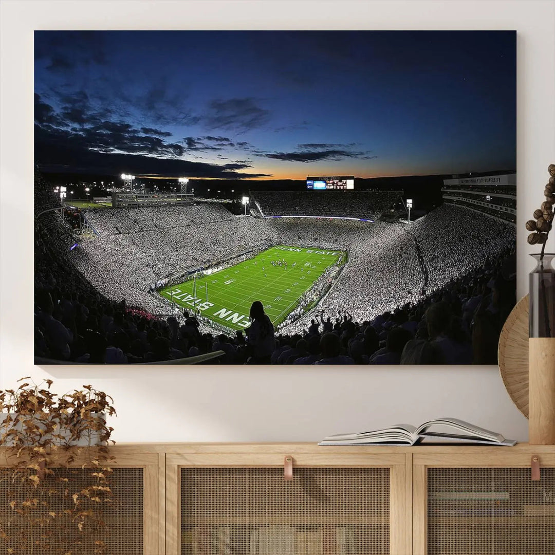 Featuring a triptych of the Penn State Nittany Lions Football Team, this University Park Beaver Stadium wall art print showcases a gallery-quality finish on premium canvas, enhancing the atmosphere of any room.