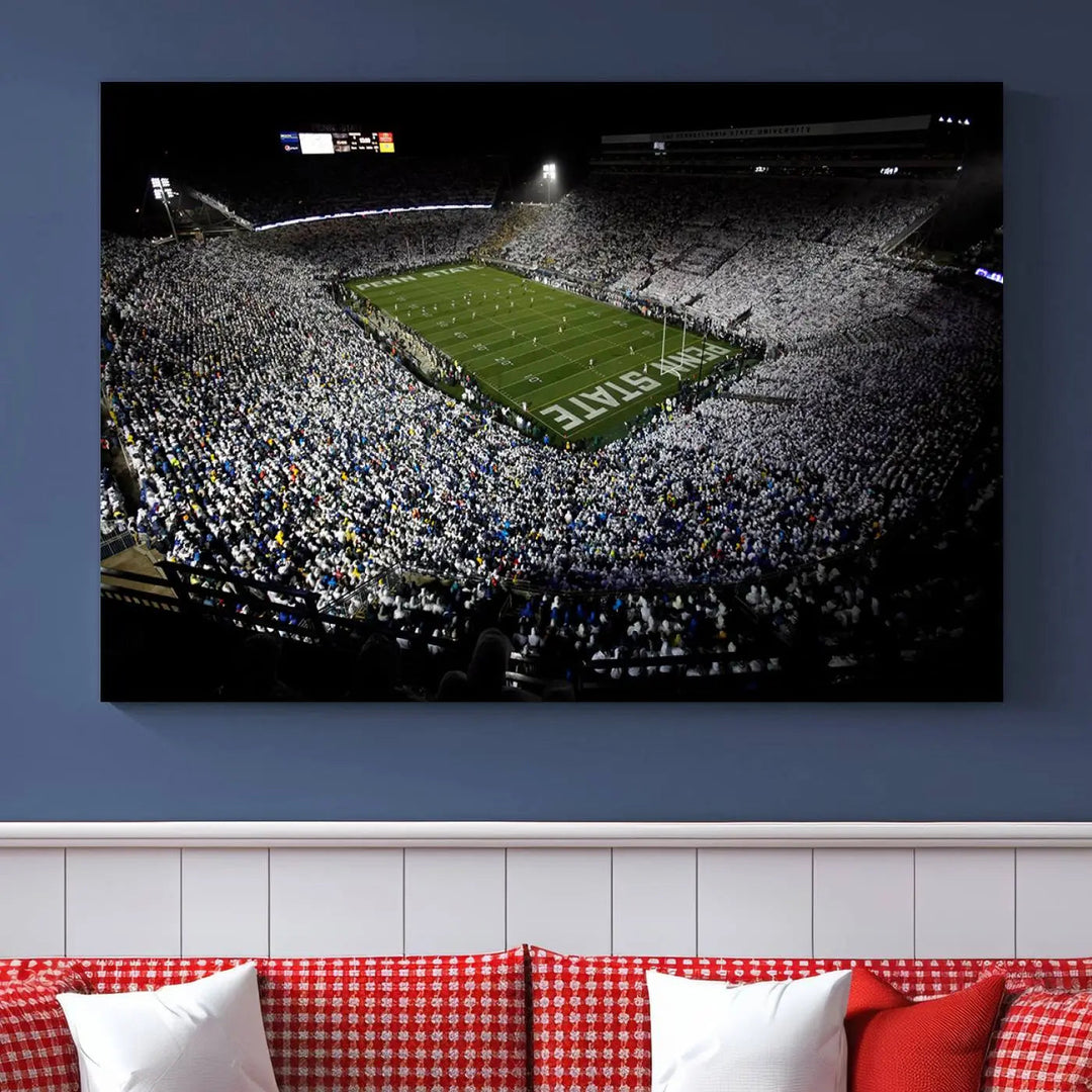 A print of the Penn State Nittany Lions football team, showcasing University Park's Beaver Stadium at night with a gallery-quality finish.