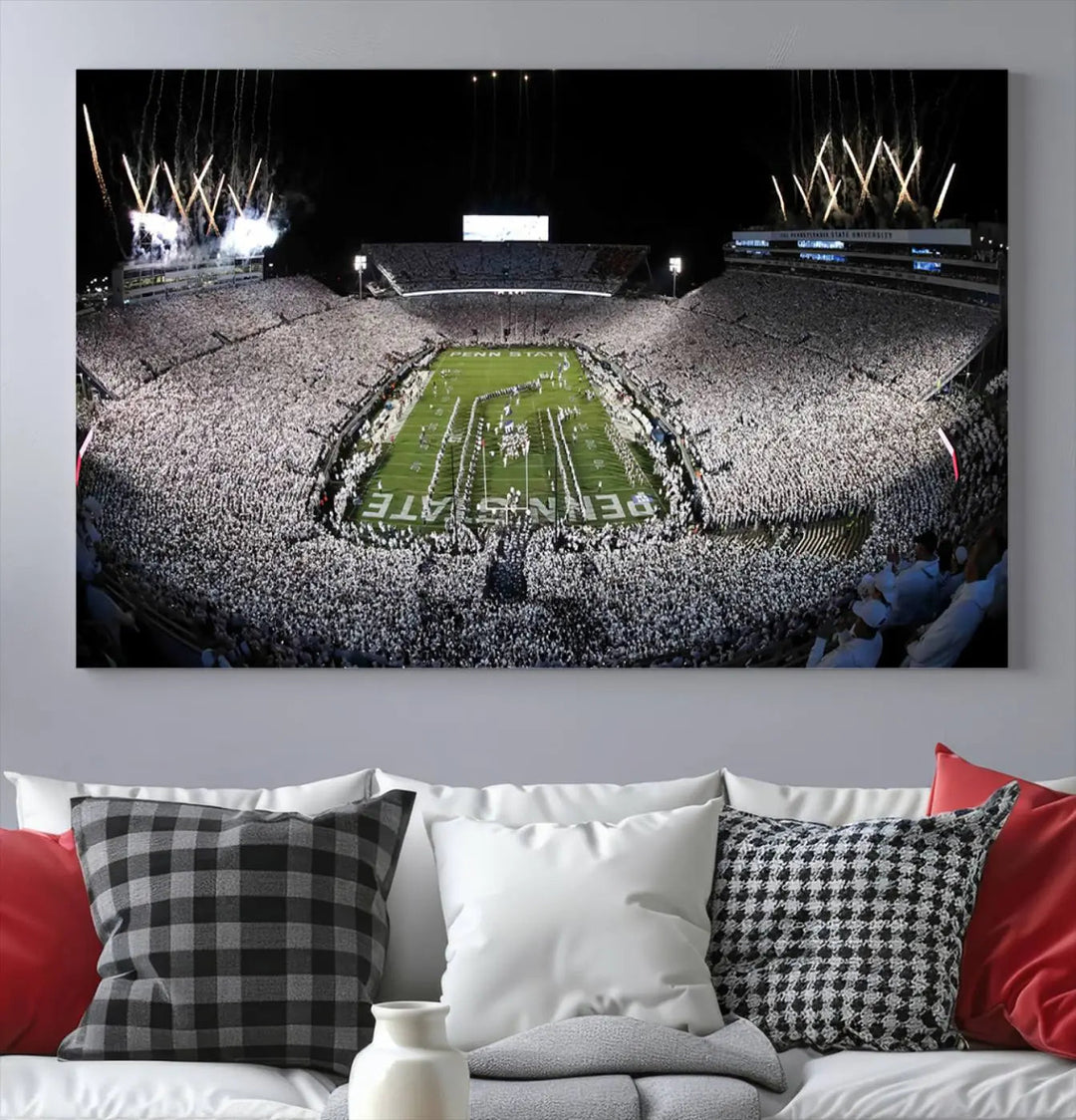 A gallery-quality finish highlights the Penn State Nittany Lions Football Team Print, featuring a packed University Park Beaver Stadium with fireworks.