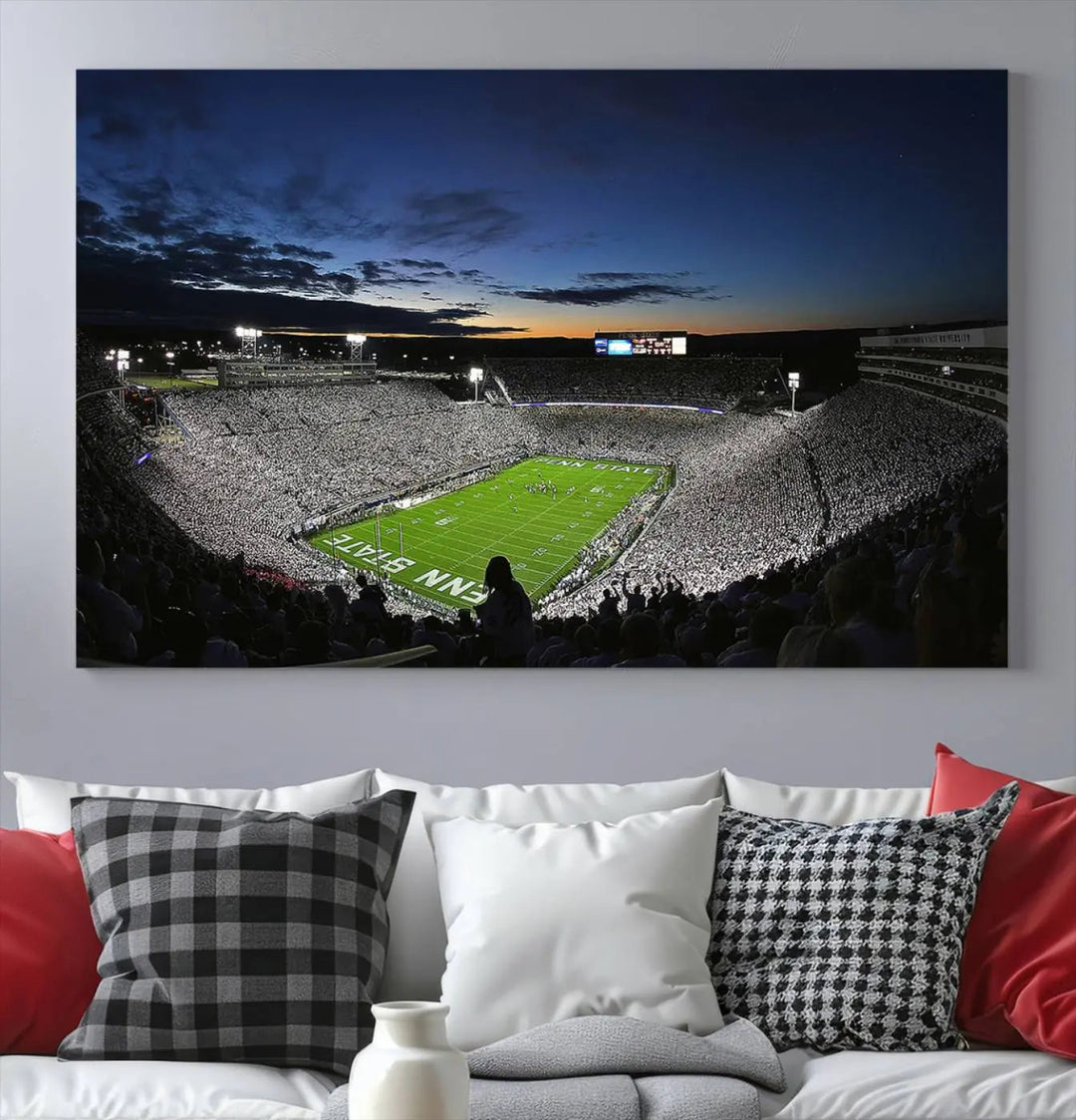 Featuring a triptych of the Penn State Nittany Lions Football Team, this University Park Beaver Stadium wall art print showcases a gallery-quality finish on premium canvas, enhancing the atmosphere of any room.