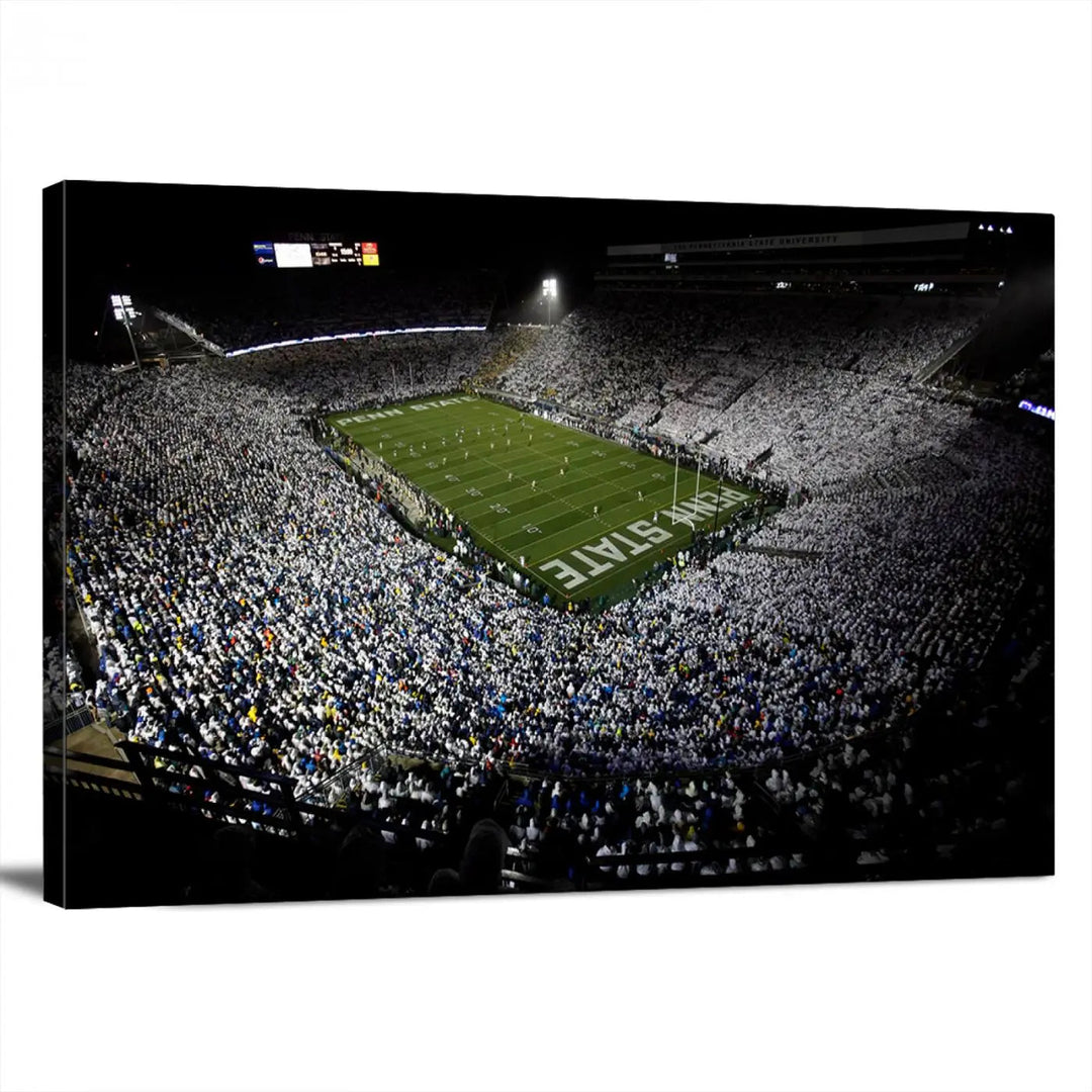 A print of the Penn State Nittany Lions football team, showcasing University Park's Beaver Stadium at night with a gallery-quality finish.