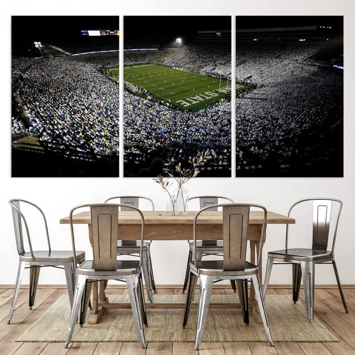 A print of the Penn State Nittany Lions football team, showcasing University Park's Beaver Stadium at night with a gallery-quality finish.