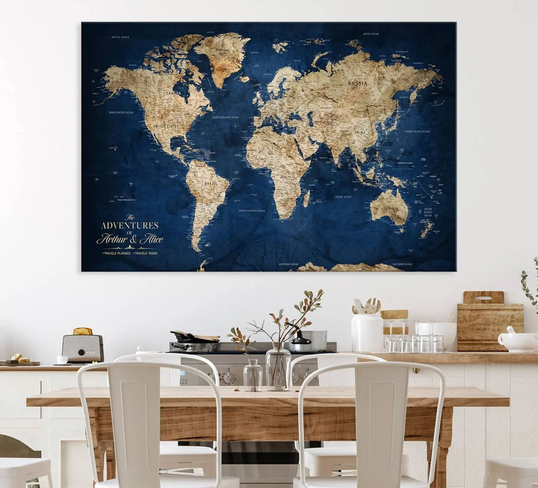 A Personalized Custom World Map Wall Art Canvas Print hangs on the wall.