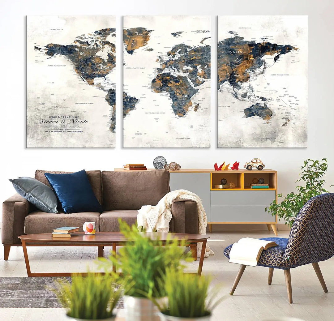 A smiling woman proudly holds the Personalized Push Pin Map Wall Art Print - Detailed Custom World Map Canvas Print in front of a white wall, perfect for travel enthusiasts eager to mark their adventures.