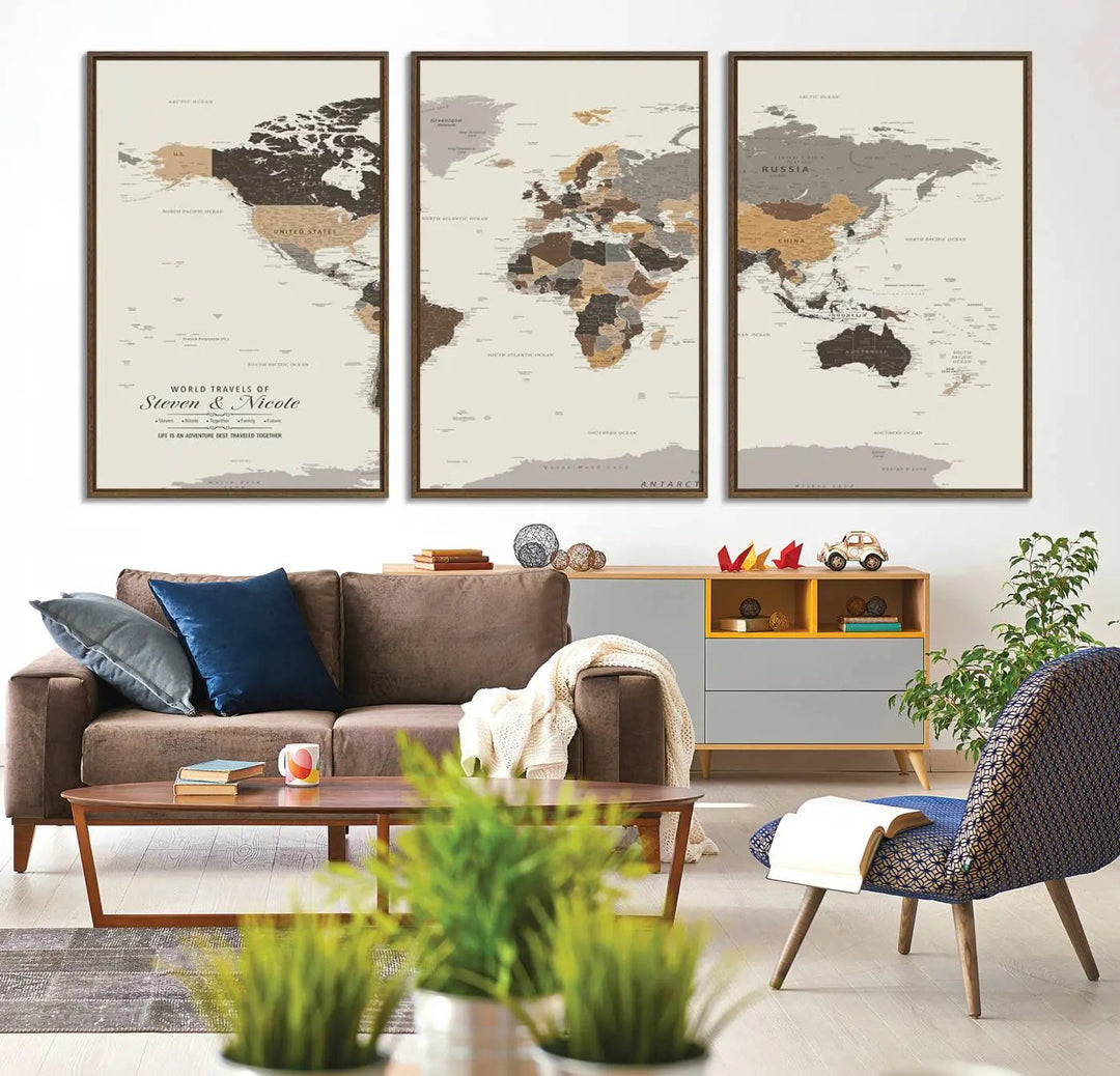 A large framed Personalized World Map Wall Art Canvas Print features custom text at the bottom, perfect for travel and exploration enthusiasts.