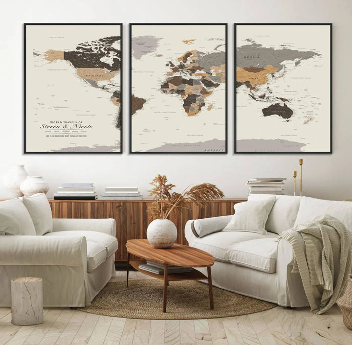 A large framed Personalized World Map Wall Art Canvas Print features custom text at the bottom, perfect for travel and exploration enthusiasts.