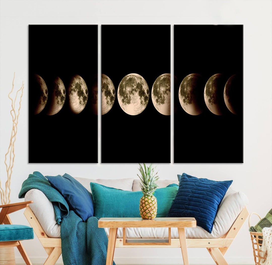 The "Phases of the Moon Wall Art" canvas print elegantly hangs on the wall.