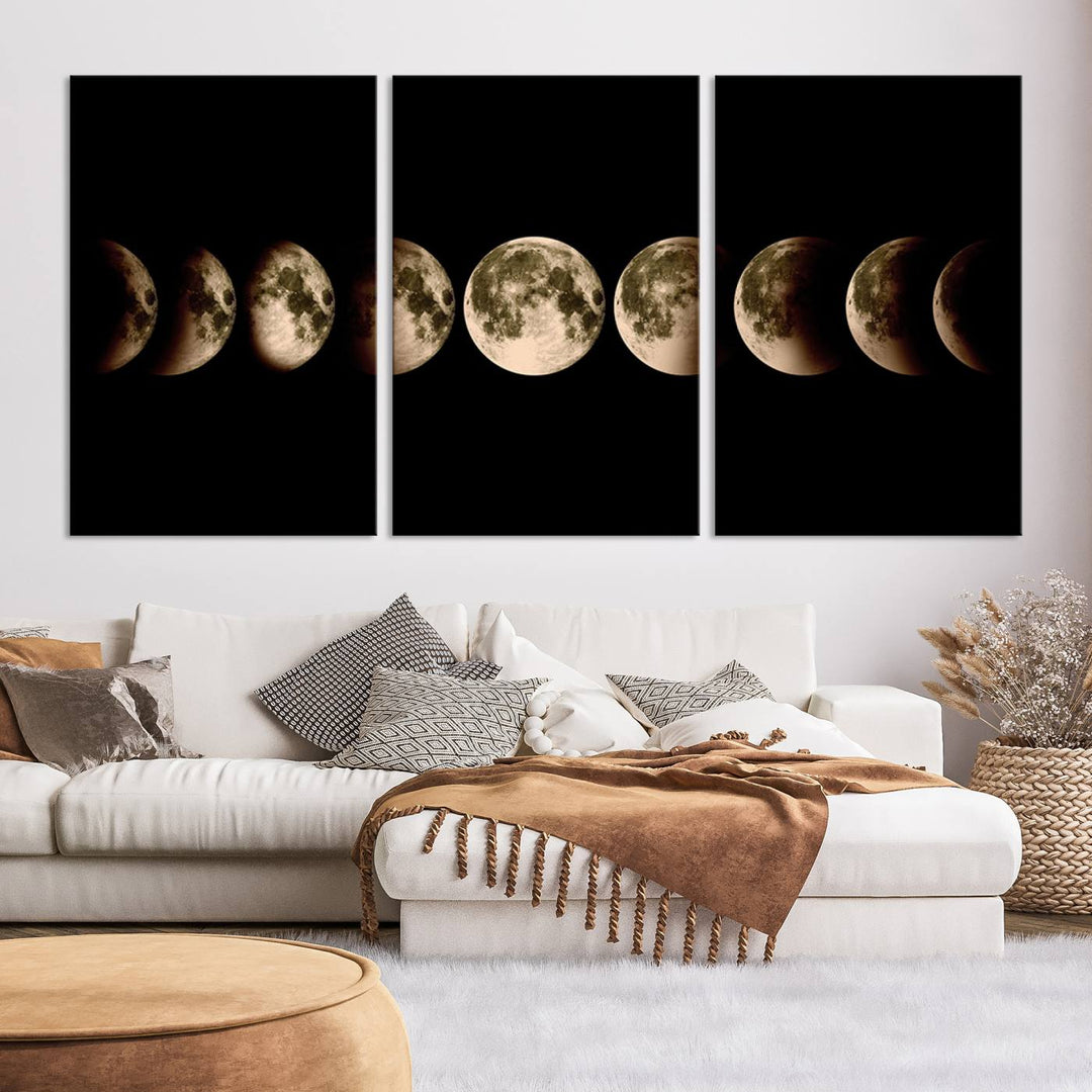 The "Phases of the Moon Wall Art" canvas print elegantly hangs on the wall.