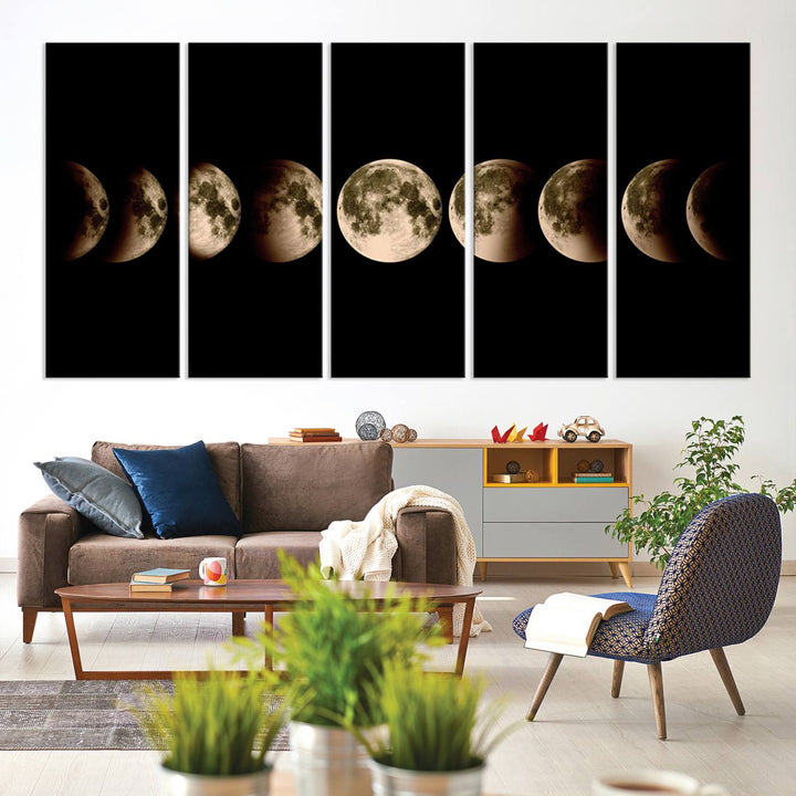 The "Phases of the Moon Wall Art" canvas print elegantly hangs on the wall.