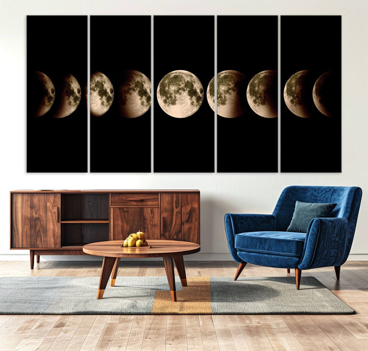 The "Phases of the Moon Wall Art" canvas print elegantly hangs on the wall.