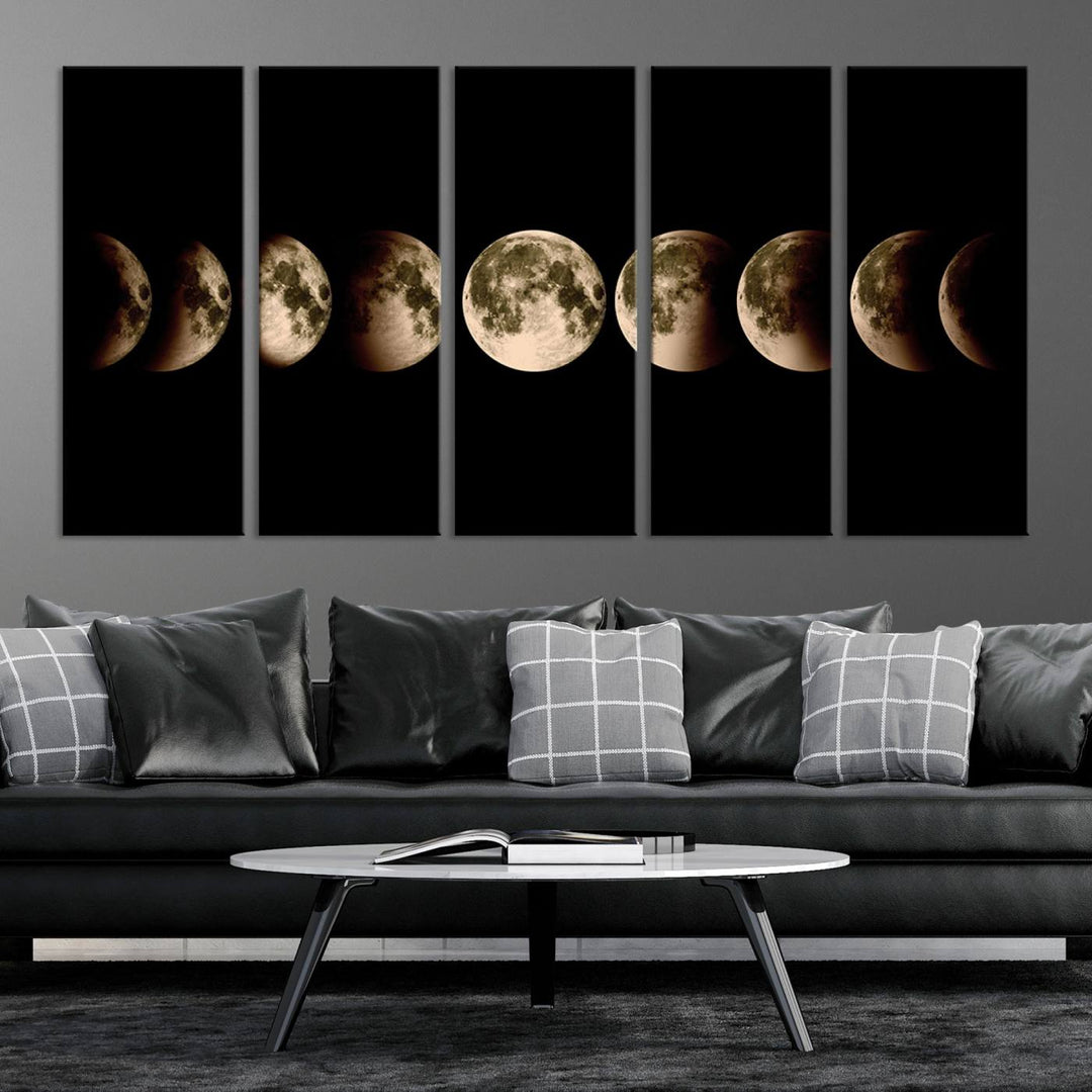 The "Phases of the Moon Wall Art" canvas print elegantly hangs on the wall.