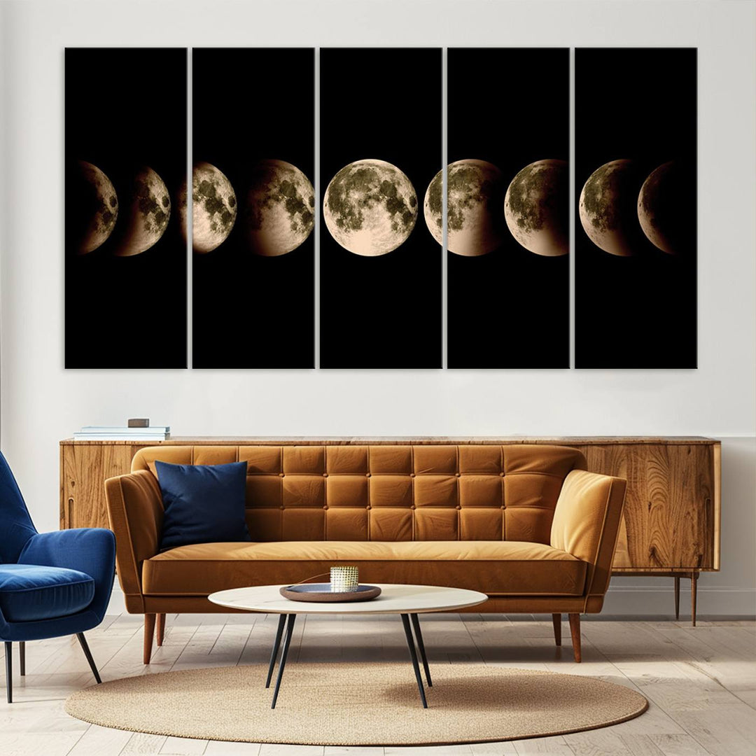 The "Phases of the Moon Wall Art" canvas print elegantly hangs on the wall.