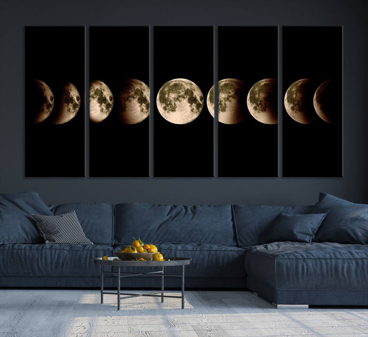 The "Phases of the Moon Wall Art" canvas print elegantly hangs on the wall.