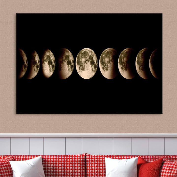 The "Phases of the Moon Wall Art" canvas print elegantly hangs on the wall.