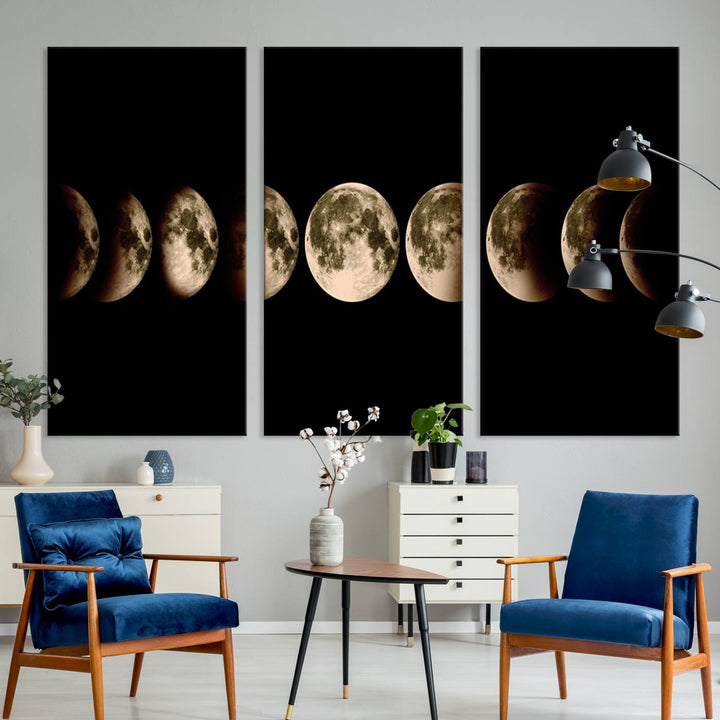 The "Phases of the Moon Wall Art" canvas print elegantly hangs on the wall.