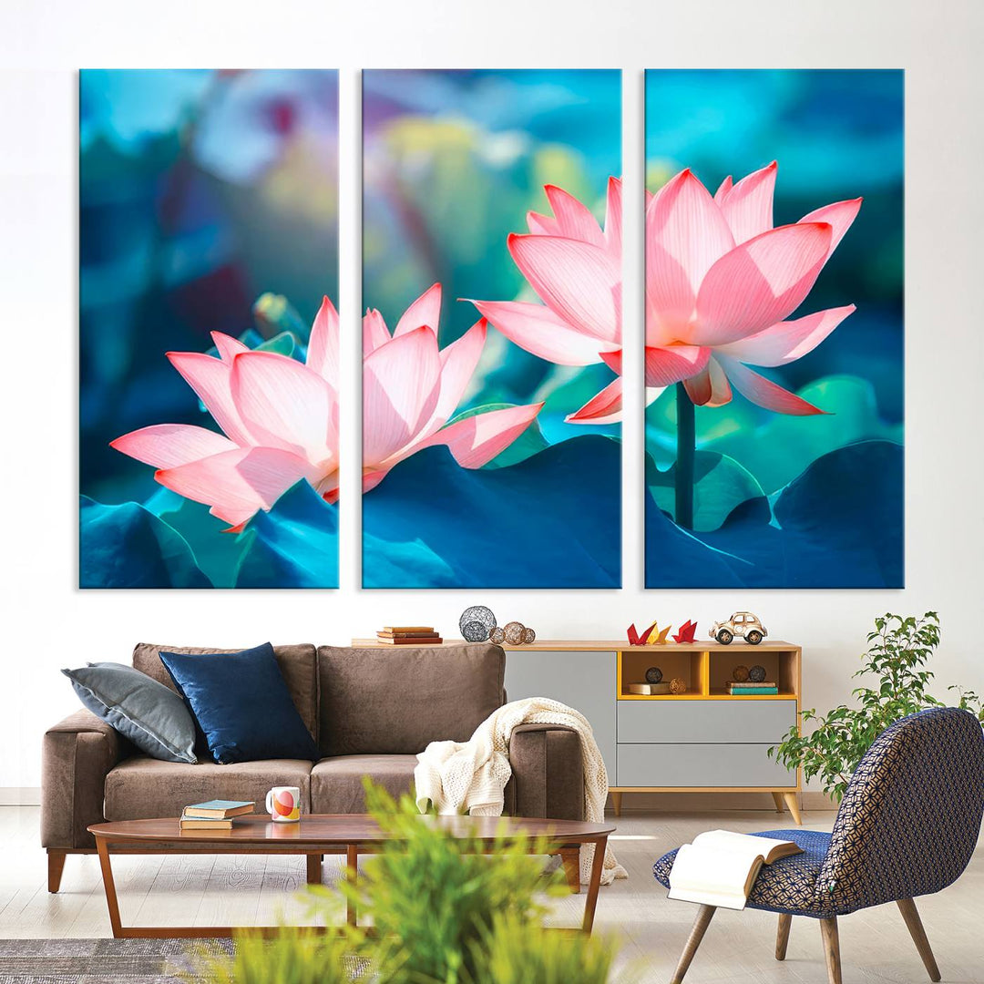 The Pink Lotus Flower Canvas Wall Art is a stunning piece of vibrant floral decor, perfect for a living room, office, or bedroom.