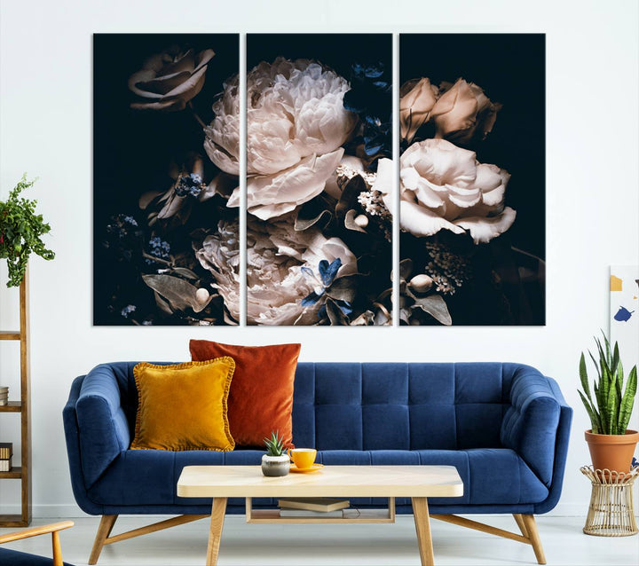 The Pink Peonies Flowers Large Canvas Art Print, featuring a gallery-quality finish, hangs prominently.