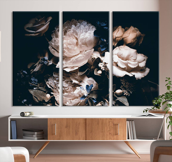 The Pink Peonies Flowers Large Canvas Art Print, featuring a gallery-quality finish, hangs prominently.