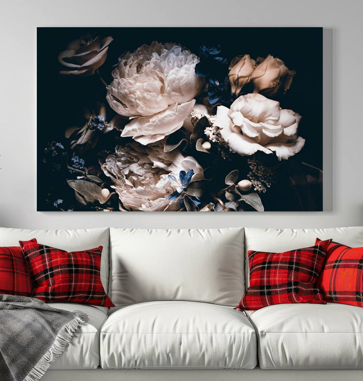 The Pink Peonies Flowers Large Canvas Art Print, featuring a gallery-quality finish, hangs prominently.