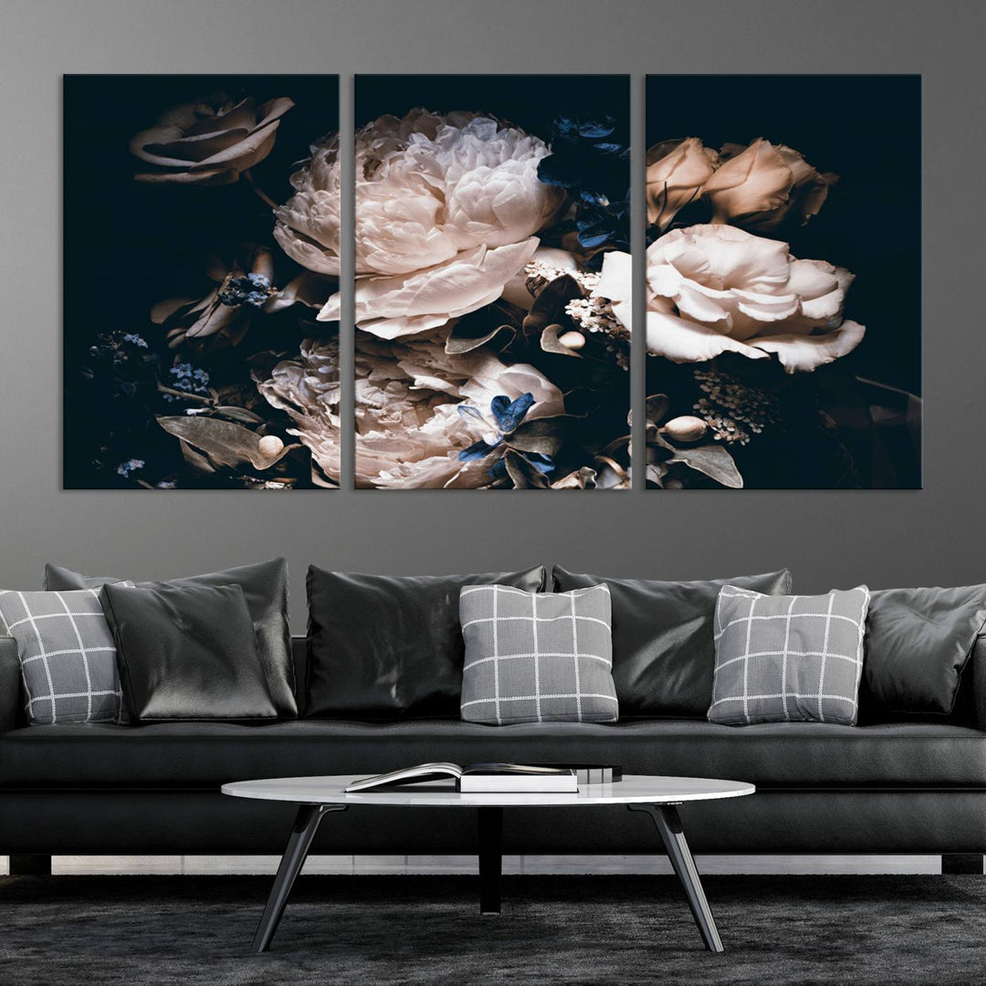 The Pink Peonies Flowers Large Canvas Art Print, featuring a gallery-quality finish, hangs prominently.