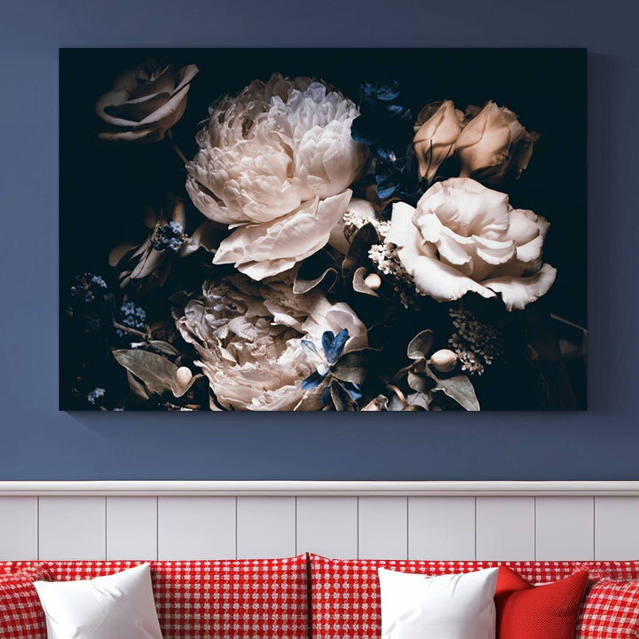 The Pink Peonies Flowers Large Canvas Art Print, featuring a gallery-quality finish, hangs prominently.