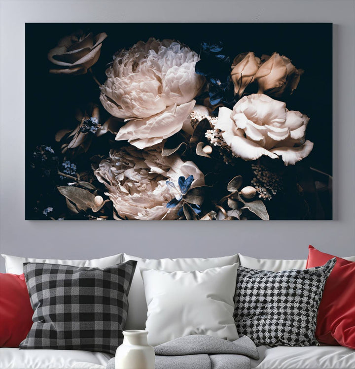 The Pink Peonies Flowers Large Canvas Art Print, featuring a gallery-quality finish, hangs prominently.