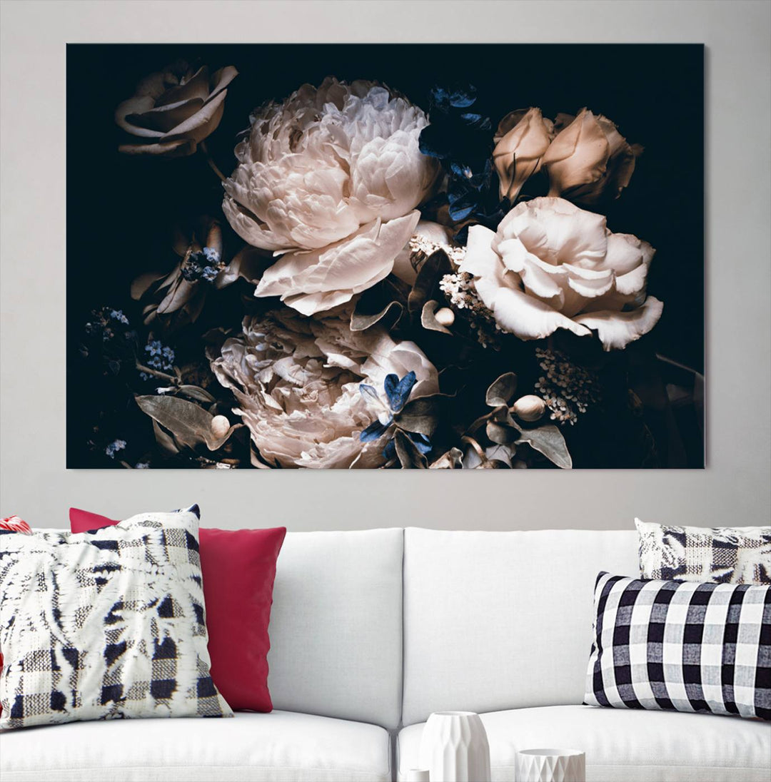 The Pink Peonies Flowers Large Canvas Art Print, featuring a gallery-quality finish, hangs prominently.