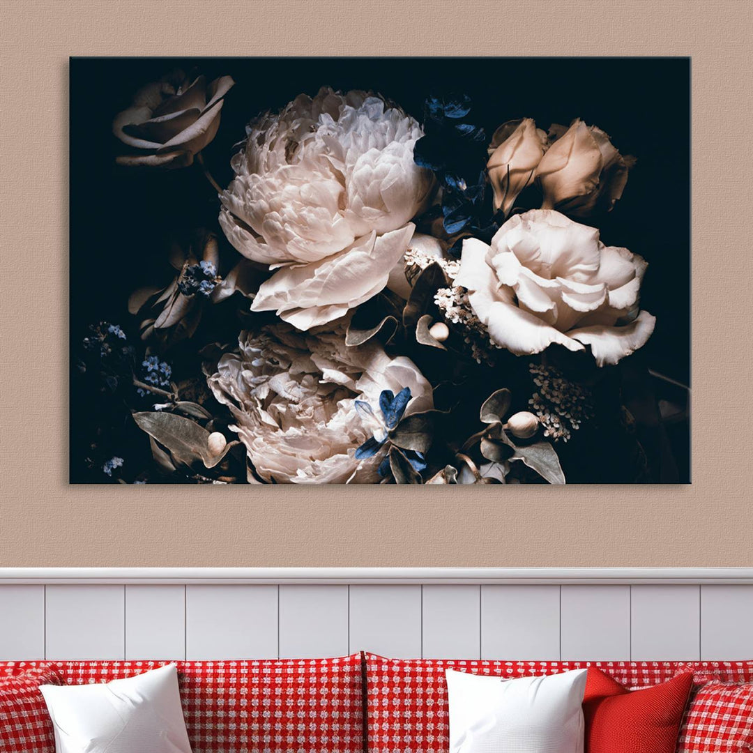 The Pink Peonies Flowers Large Canvas Art Print, featuring a gallery-quality finish, hangs prominently.