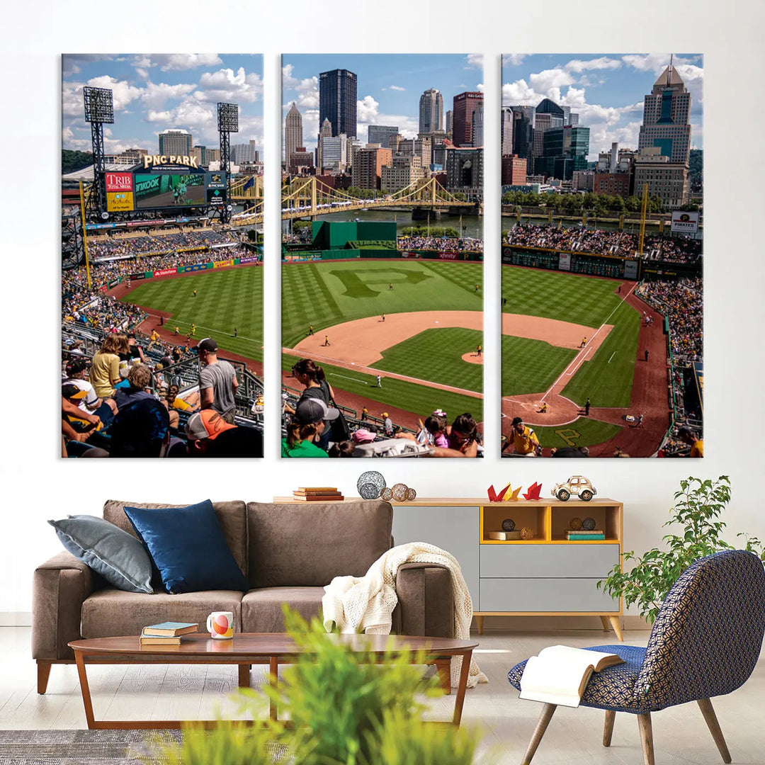 A Pittsburgh Pirates Baseball Team print featuring PNC Park Stadium and the city skyline is displayed, using the ready-to-hang premium wall art canvas designed for sports fans.