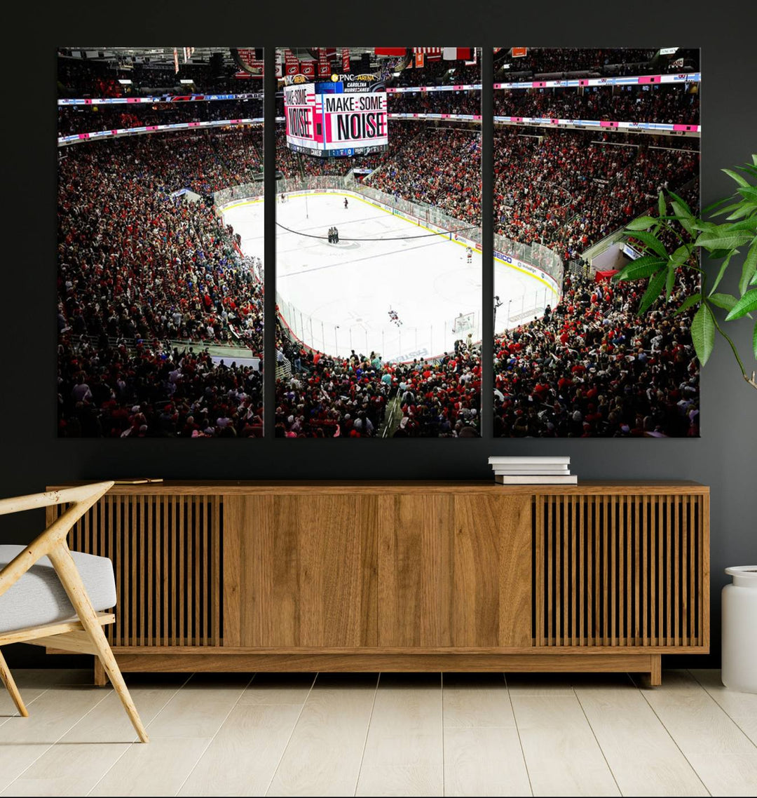 The living room features the PNC Arena Raleigh North Carolina Hurricanes Hockey Stadium Wall Art Canvas Print, which depicts a crowded ice hockey stadium with enthusiastic fans and an ongoing game, all rendered in high-resolution on museum-quality canvas.