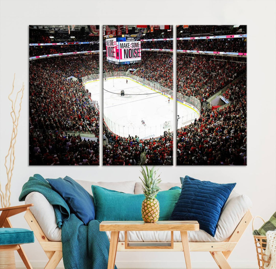 The living room features the PNC Arena Raleigh North Carolina Hurricanes Hockey Stadium Wall Art Canvas Print, which depicts a crowded ice hockey stadium with enthusiastic fans and an ongoing game, all rendered in high-resolution on museum-quality canvas.