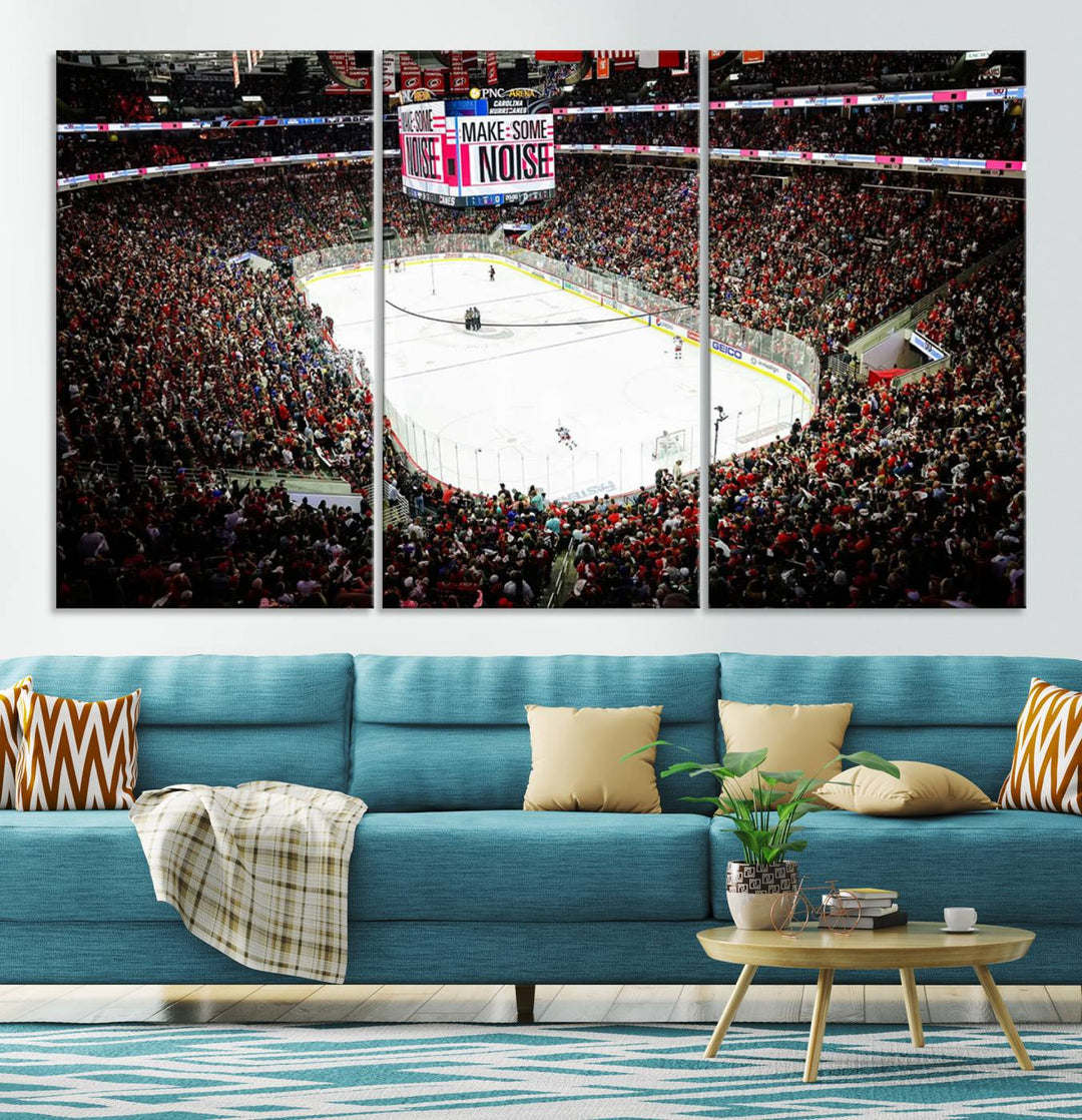 The living room features the PNC Arena Raleigh North Carolina Hurricanes Hockey Stadium Wall Art Canvas Print, which depicts a crowded ice hockey stadium with enthusiastic fans and an ongoing game, all rendered in high-resolution on museum-quality canvas.