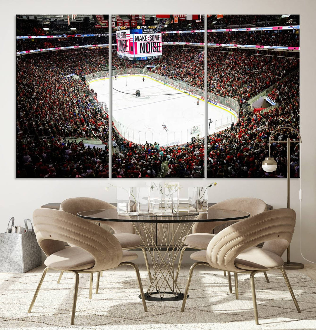 The living room features the PNC Arena Raleigh North Carolina Hurricanes Hockey Stadium Wall Art Canvas Print, which depicts a crowded ice hockey stadium with enthusiastic fans and an ongoing game, all rendered in high-resolution on museum-quality canvas.