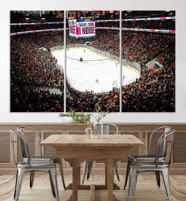 The living room features the PNC Arena Raleigh North Carolina Hurricanes Hockey Stadium Wall Art Canvas Print, which depicts a crowded ice hockey stadium with enthusiastic fans and an ongoing game, all rendered in high-resolution on museum-quality canvas.