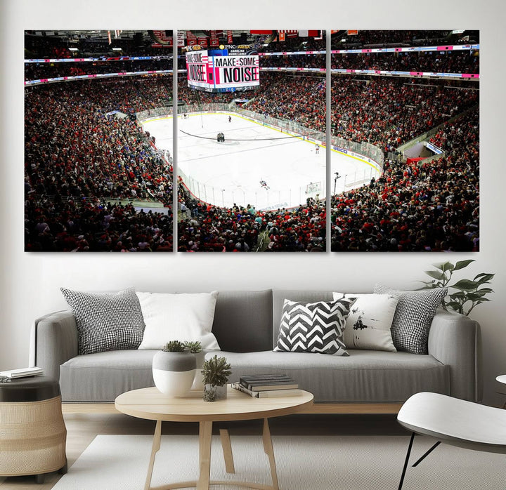 The living room features the PNC Arena Raleigh North Carolina Hurricanes Hockey Stadium Wall Art Canvas Print, which depicts a crowded ice hockey stadium with enthusiastic fans and an ongoing game, all rendered in high-resolution on museum-quality canvas.