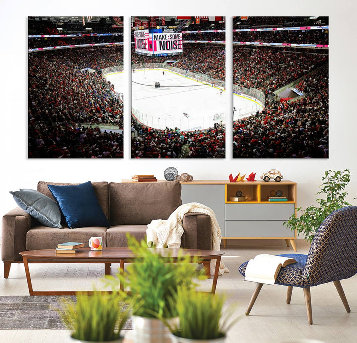 The living room features the PNC Arena Raleigh North Carolina Hurricanes Hockey Stadium Wall Art Canvas Print, which depicts a crowded ice hockey stadium with enthusiastic fans and an ongoing game, all rendered in high-resolution on museum-quality canvas.