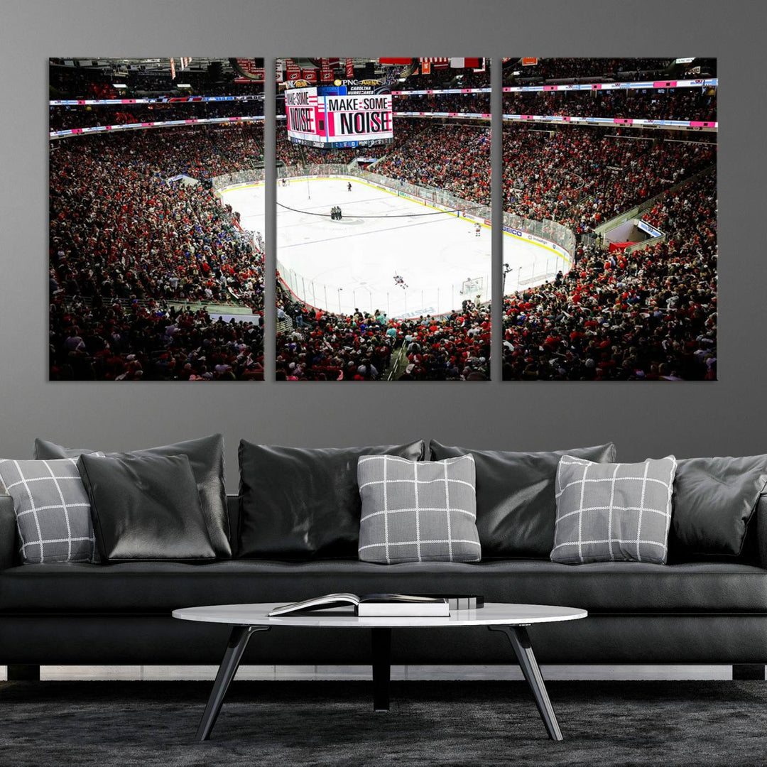 The living room features the PNC Arena Raleigh North Carolina Hurricanes Hockey Stadium Wall Art Canvas Print, which depicts a crowded ice hockey stadium with enthusiastic fans and an ongoing game, all rendered in high-resolution on museum-quality canvas.