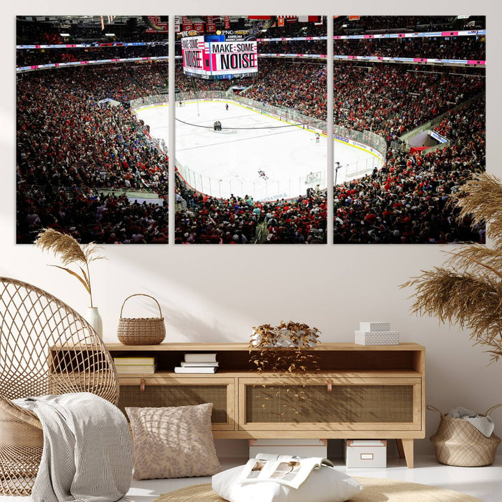 The living room features the PNC Arena Raleigh North Carolina Hurricanes Hockey Stadium Wall Art Canvas Print, which depicts a crowded ice hockey stadium with enthusiastic fans and an ongoing game, all rendered in high-resolution on museum-quality canvas.