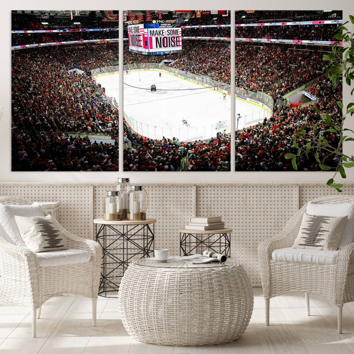 The living room features the PNC Arena Raleigh North Carolina Hurricanes Hockey Stadium Wall Art Canvas Print, which depicts a crowded ice hockey stadium with enthusiastic fans and an ongoing game, all rendered in high-resolution on museum-quality canvas.