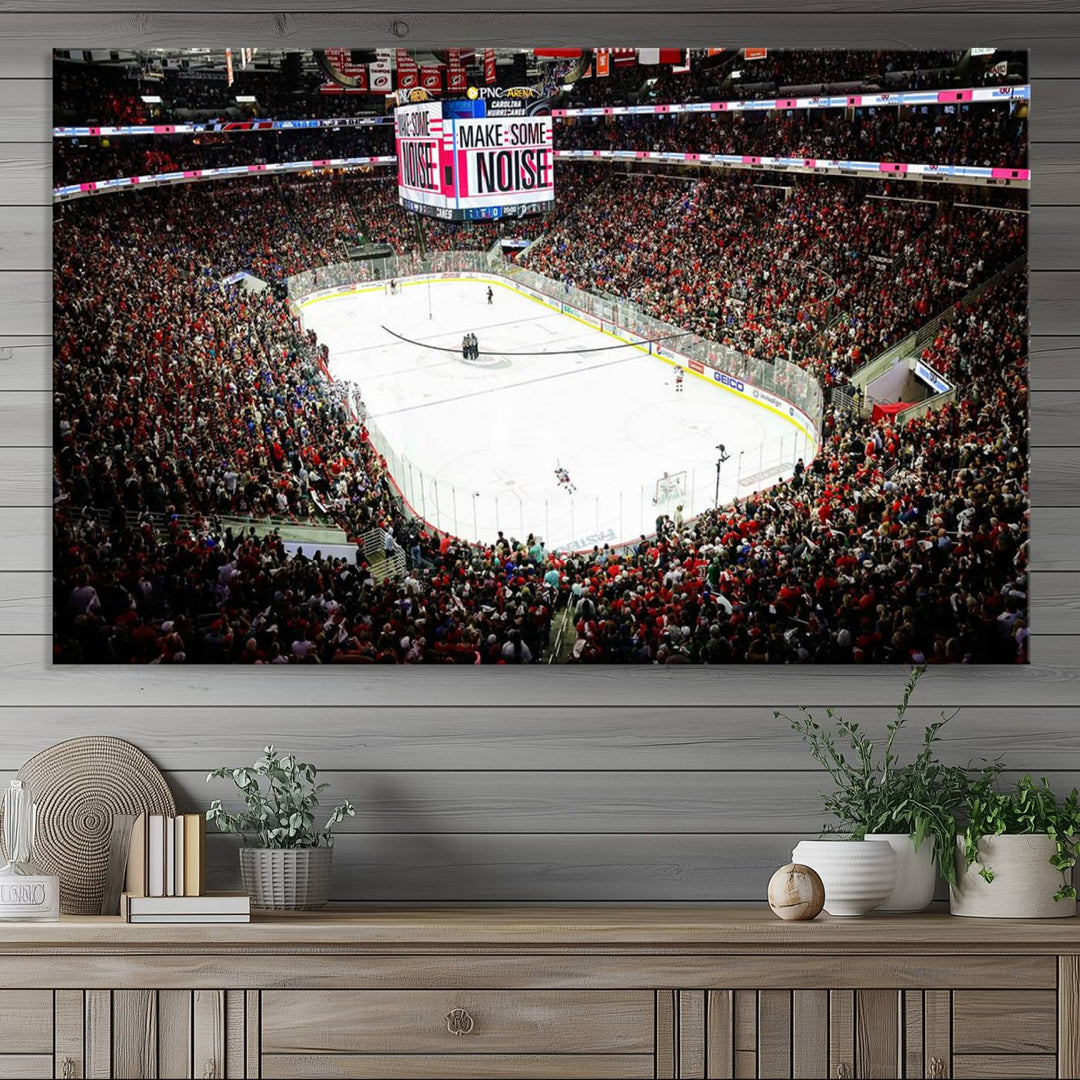 The living room features the PNC Arena Raleigh North Carolina Hurricanes Hockey Stadium Wall Art Canvas Print, which depicts a crowded ice hockey stadium with enthusiastic fans and an ongoing game, all rendered in high-resolution on museum-quality canvas.