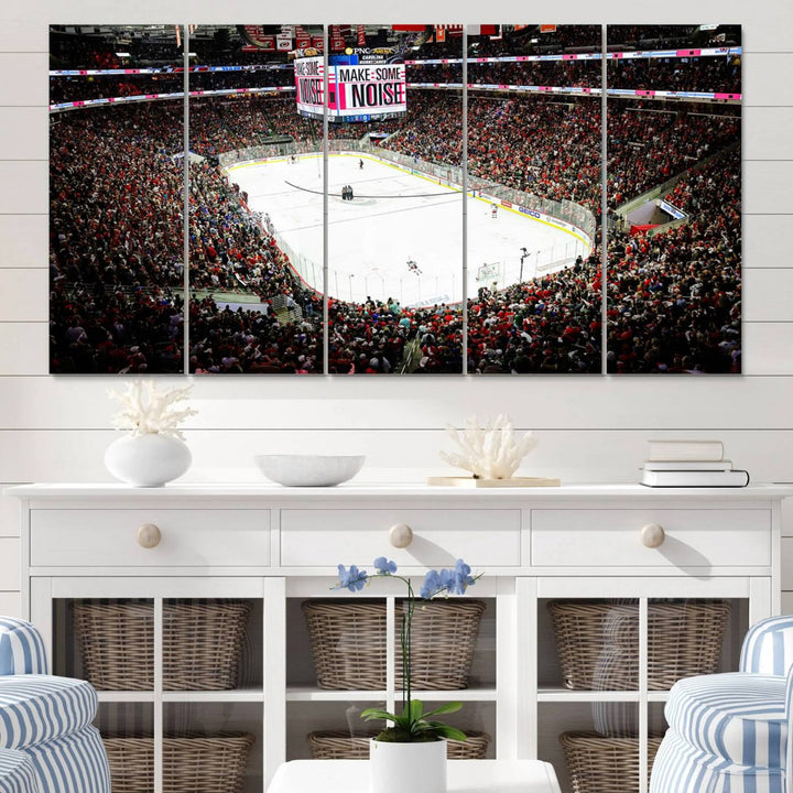 The living room features the PNC Arena Raleigh North Carolina Hurricanes Hockey Stadium Wall Art Canvas Print, which depicts a crowded ice hockey stadium with enthusiastic fans and an ongoing game, all rendered in high-resolution on museum-quality canvas.