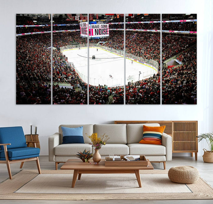 The living room features the PNC Arena Raleigh North Carolina Hurricanes Hockey Stadium Wall Art Canvas Print, which depicts a crowded ice hockey stadium with enthusiastic fans and an ongoing game, all rendered in high-resolution on museum-quality canvas.