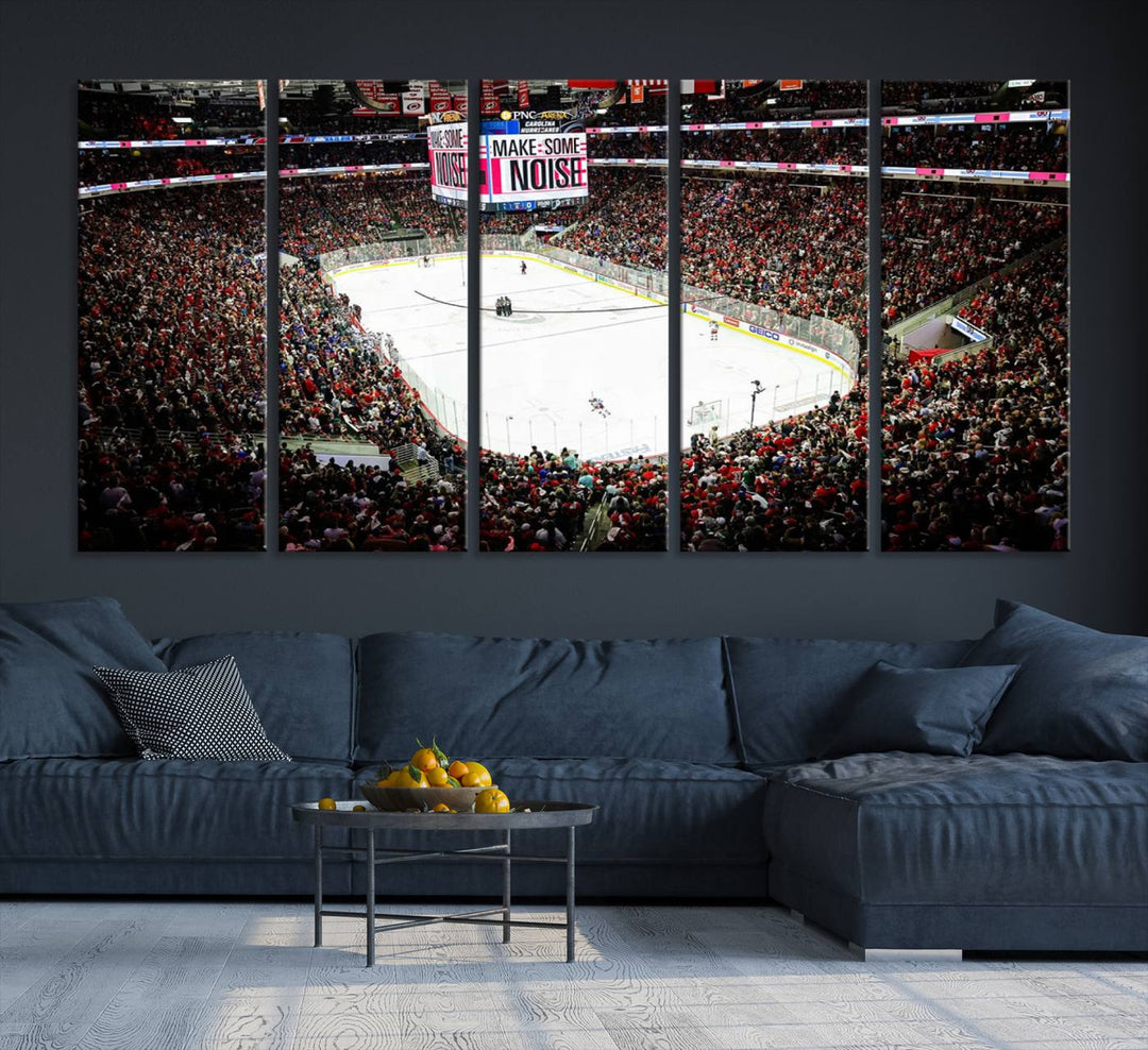 The living room features the PNC Arena Raleigh North Carolina Hurricanes Hockey Stadium Wall Art Canvas Print, which depicts a crowded ice hockey stadium with enthusiastic fans and an ongoing game, all rendered in high-resolution on museum-quality canvas.