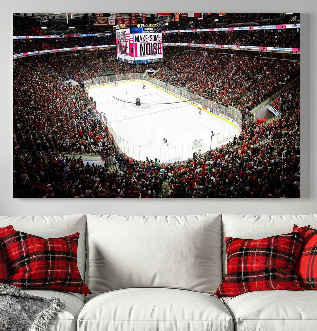 The living room features the PNC Arena Raleigh North Carolina Hurricanes Hockey Stadium Wall Art Canvas Print, which depicts a crowded ice hockey stadium with enthusiastic fans and an ongoing game, all rendered in high-resolution on museum-quality canvas.