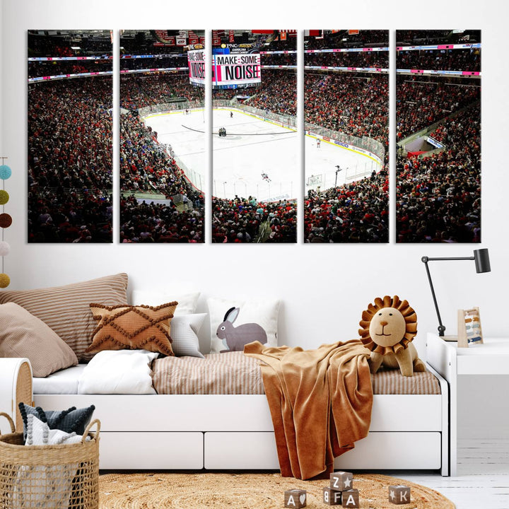 The living room features the PNC Arena Raleigh North Carolina Hurricanes Hockey Stadium Wall Art Canvas Print, which depicts a crowded ice hockey stadium with enthusiastic fans and an ongoing game, all rendered in high-resolution on museum-quality canvas.