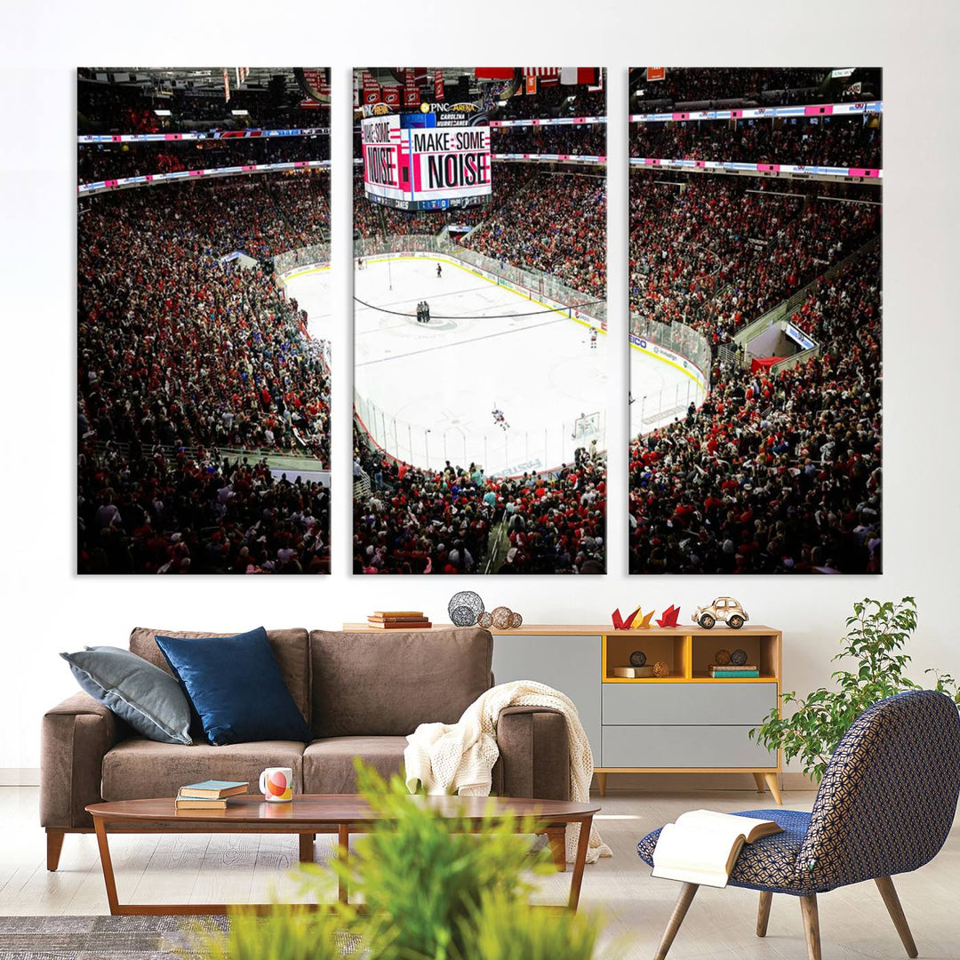 The living room features the PNC Arena Raleigh North Carolina Hurricanes Hockey Stadium Wall Art Canvas Print, which depicts a crowded ice hockey stadium with enthusiastic fans and an ongoing game, all rendered in high-resolution on museum-quality canvas.