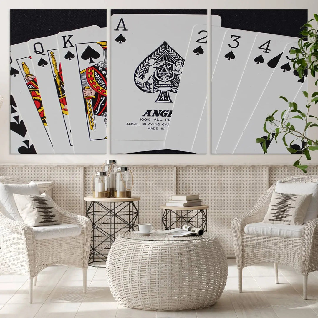 The Poker Wall Art - Playing Cards Canvas Wall Art Print features an Ace of Spades and Royal Flush design. This piece adds a classic charm to any space with its subtle emphasis on the Ace of Spades, making it perfect for game room decor.