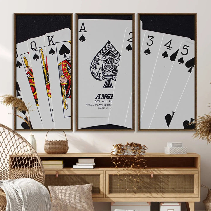 The Poker Wall Art - Playing Cards Canvas Wall Art Print features an Ace of Spades and Royal Flush design. This piece adds a classic charm to any space with its subtle emphasis on the Ace of Spades, making it perfect for game room decor.